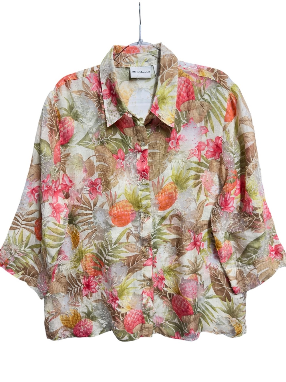 Silky Knit Tropical Hawaiian Palm Leaf Floral Pineapple Shirt Blouse